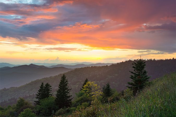 "Sunset at Cowee Mountains Overlook, Milepost 430.7" by Dawnfire Photography