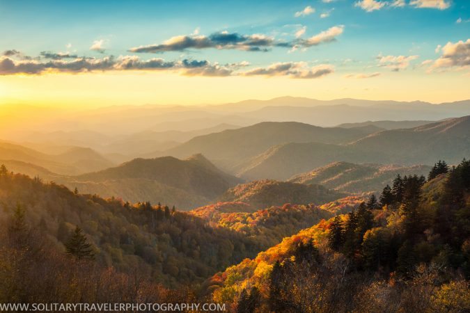 "Fall Sunset at Woolyback Overlook, Milepost 452.3" by Solitary Traveler Photography