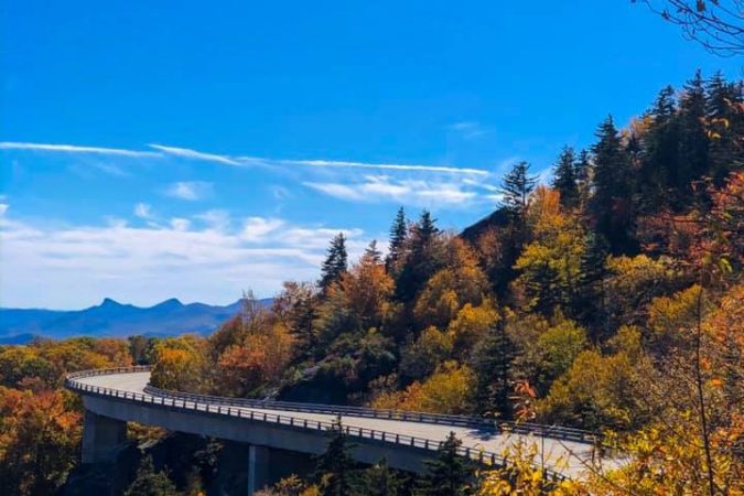 "Sunny Autumn Colors at the Linn Cove Viaduct, Milepost 304.4" by Brandi Clark